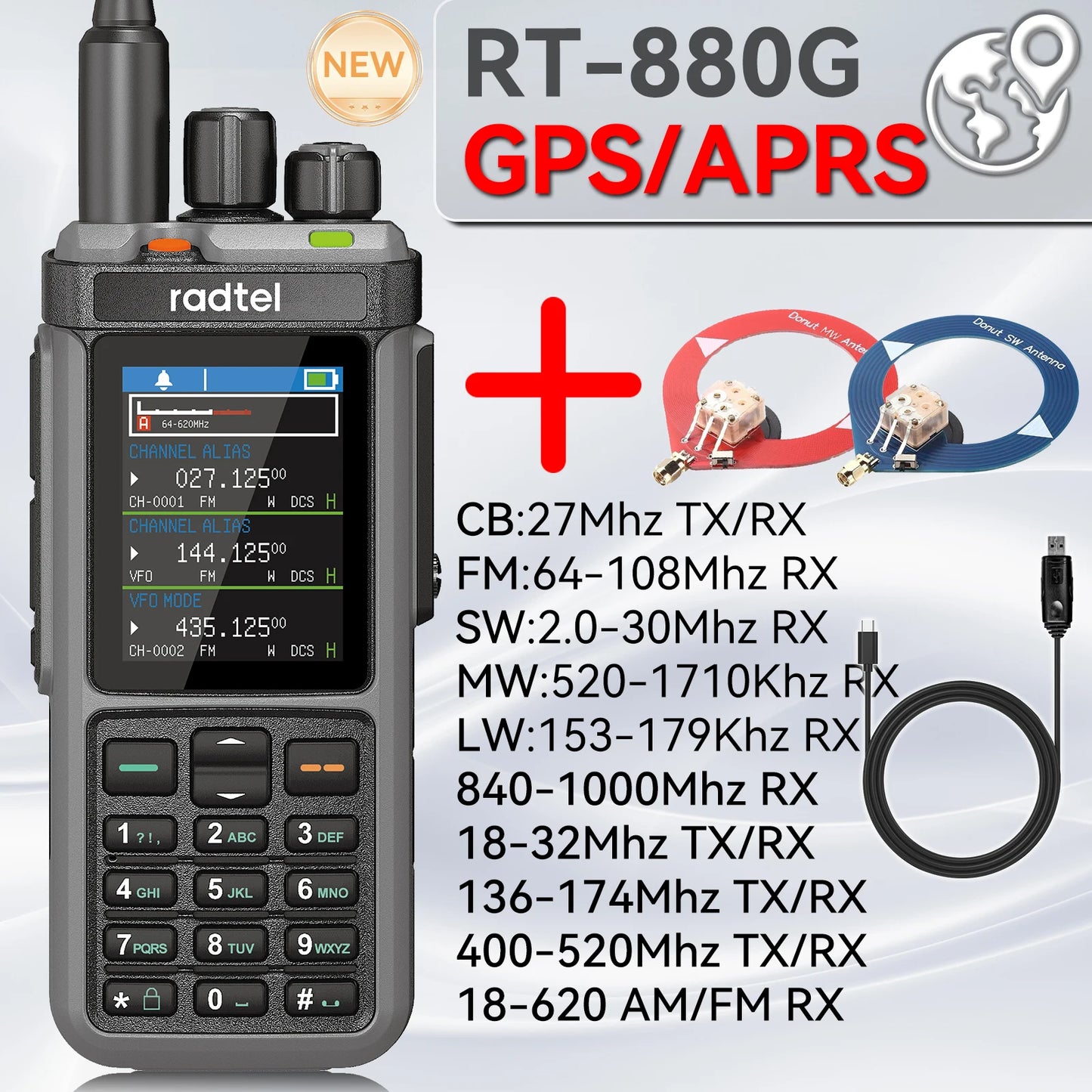 Radtel RT-880G GPS APRS Tri-Standby Tri-display CB/SSB HF Ham Radio with 1024 Channels AM LW MW SW UHF VHF Rx, Dual Antenna