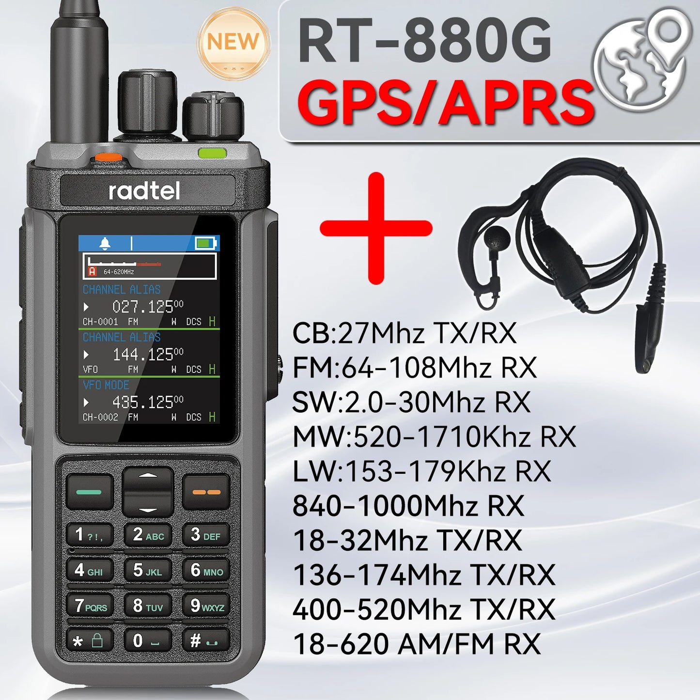 Radtel RT-880G GPS APRS Tri-Standby Tri-display CB/SSB HF Ham Radio with 1024 Channels AM LW MW SW UHF VHF Rx, Dual Antenna