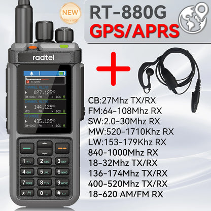 Radtel RT-880G GPS APRS Tri-Standby Tri-display CB/SSB HF Ham Radio with 1024 Channels AM LW MW SW UHF VHF Rx, Dual Antenna