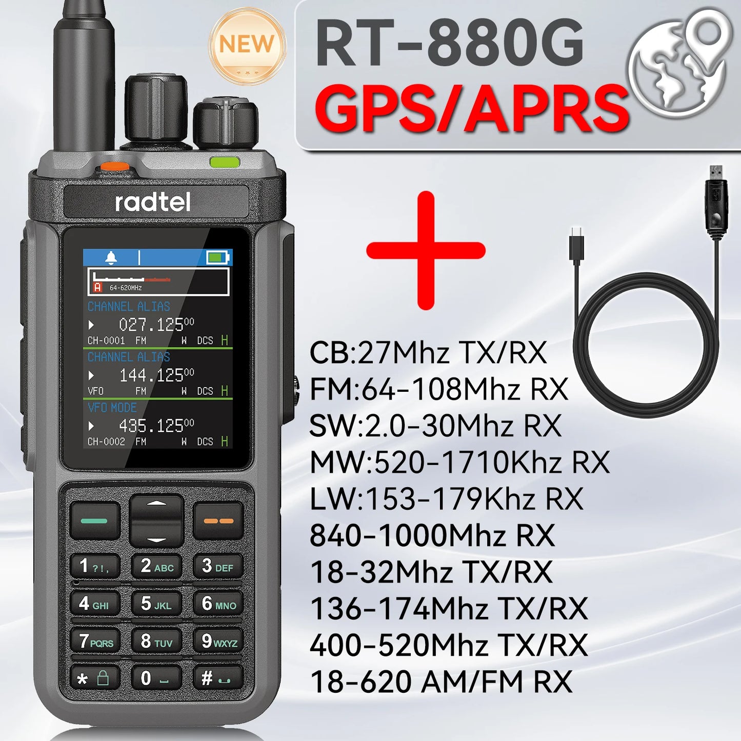 Radtel RT-880G GPS APRS Tri-Standby Tri-display CB/SSB HF Ham Radio with 1024 Channels AM LW MW SW UHF VHF Rx, Dual Antenna