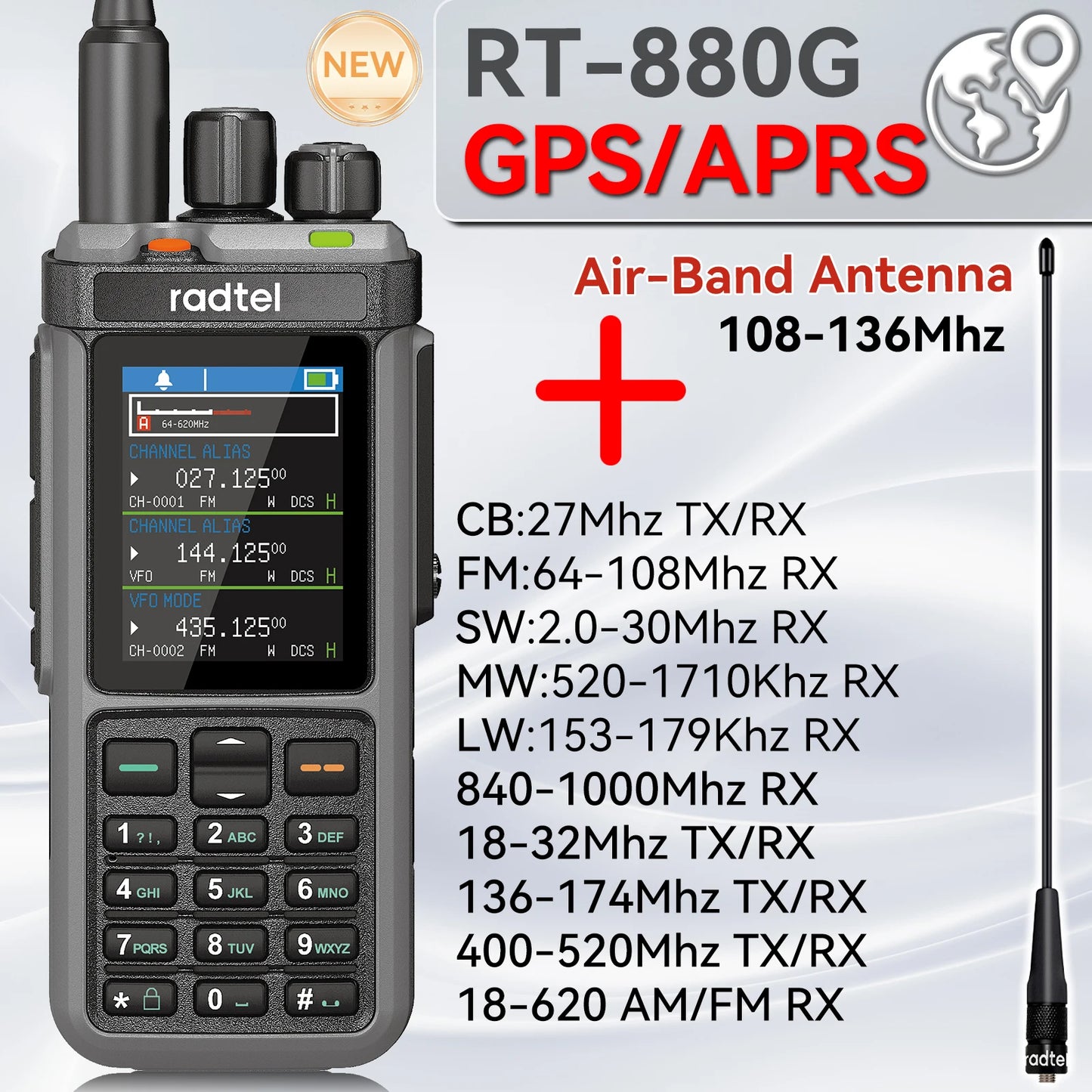 Radtel RT-880G GPS APRS Tri-Standby Tri-display CB/SSB HF Ham Radio with 1024 Channels AM LW MW SW UHF VHF Rx, Dual Antenna