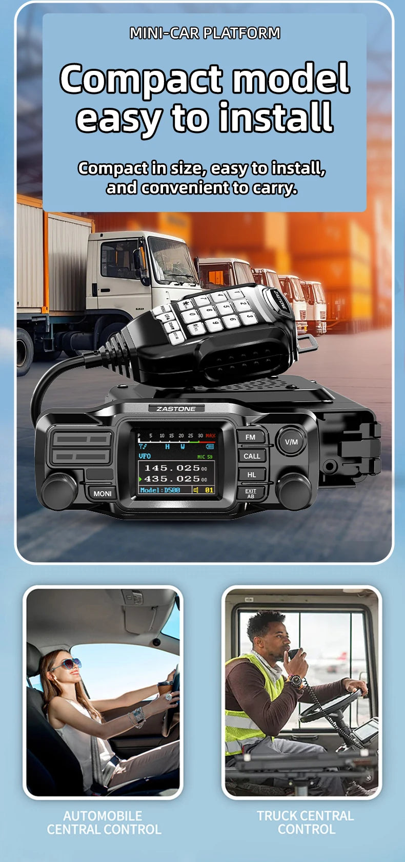 ZASTONE D500 25W High Power Mini Mobile Radio VHF UHF Dual Band DTMF Detachable Panel Transceiver