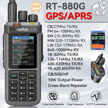 Radtel RT-880G GPS APRS Tri-Standby Tri-display CB/SSB HF Ham Radio with 1024 Channels AM LW MW SW UHF VHF Rx, Dual Antenna