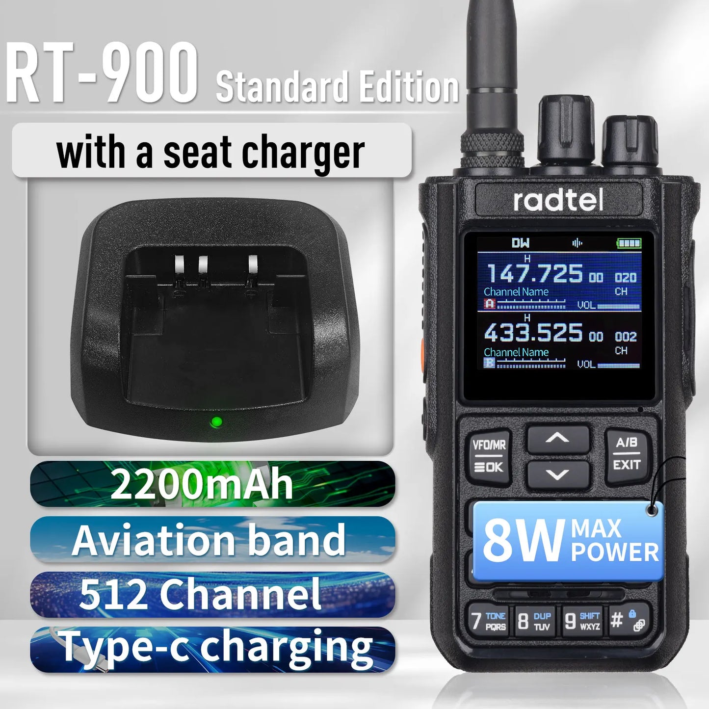 Radtel RT-900 Walkie Talkie with Charging Dock, 8W 512CH Air Band 2 Way Radio Full Band Amateur Ham Radio