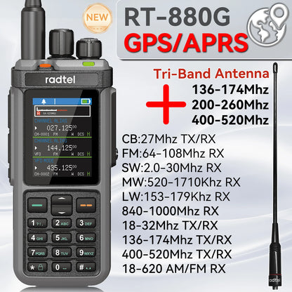 Radtel RT-880G GPS APRS Tri-Standby Tri-display CB/SSB HF Ham Radio with 1024 Channels AM LW MW SW UHF VHF Rx, Dual Antenna