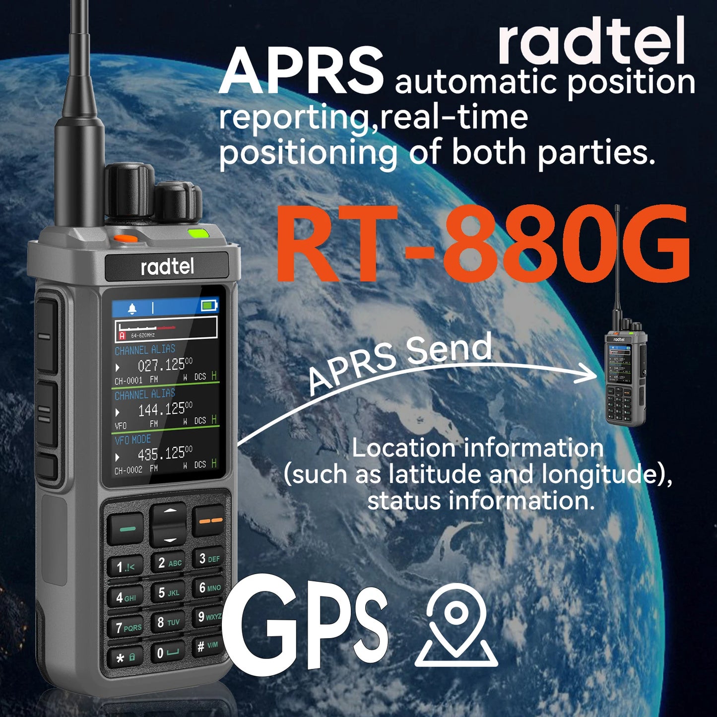 Radtel RT-880G GPS APRS Tri-Standby Tri-display CB/SSB HF Ham Radio with 1024 Channels AM LW MW SW UHF VHF Rx, Dual Antenna