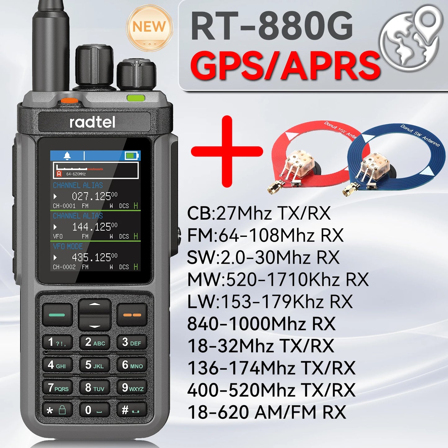 Radtel RT-880G GPS APRS Tri-Standby Tri-display CB/SSB HF Ham Radio with 1024 Channels AM LW MW SW UHF VHF Rx, Dual Antenna