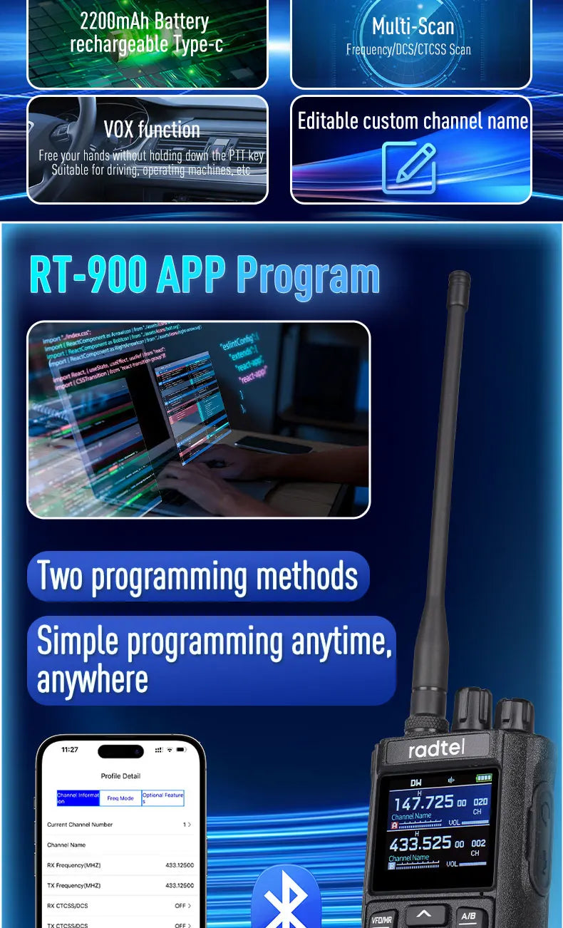 Radtel RT-900 Walkie Talkie with Charging Dock, 8W 512CH Air Band 2 Way Radio Full Band Amateur Ham Radio